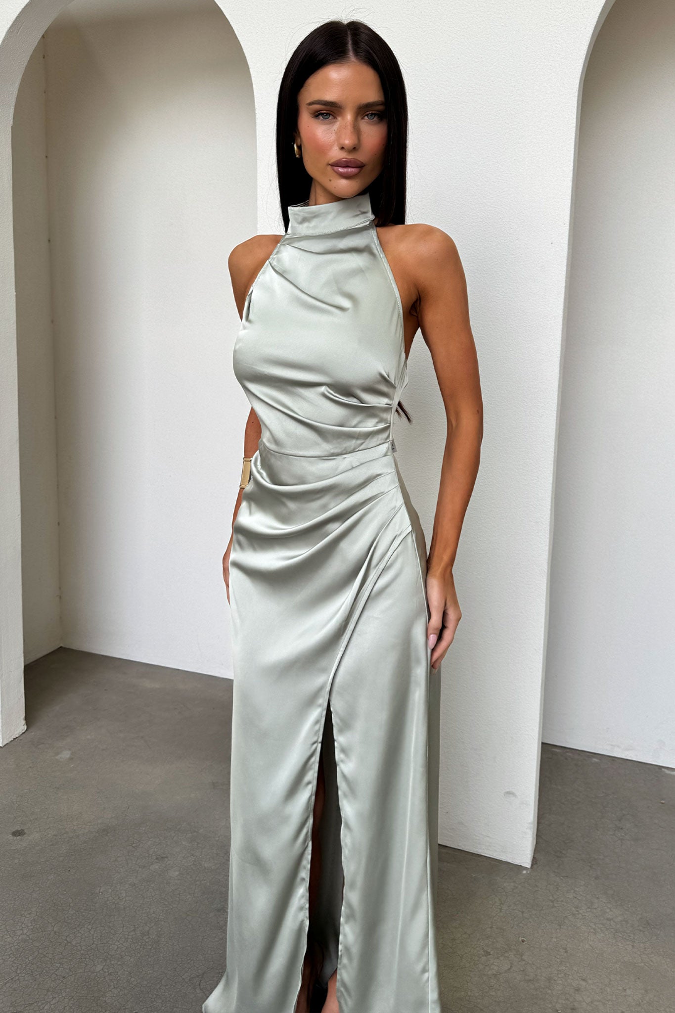 Arabelle High Neck Satin Maxi Dress - Verde Salvia