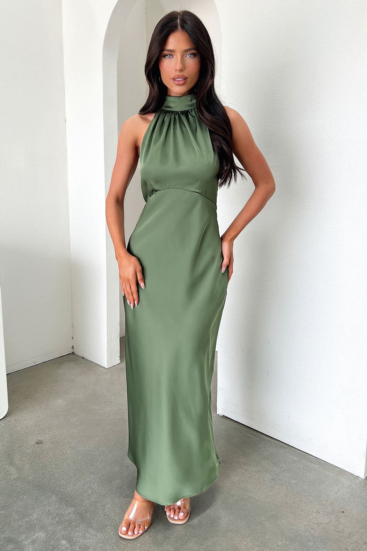 Daphne High Neck Maxi Dress - Verde Oliva
