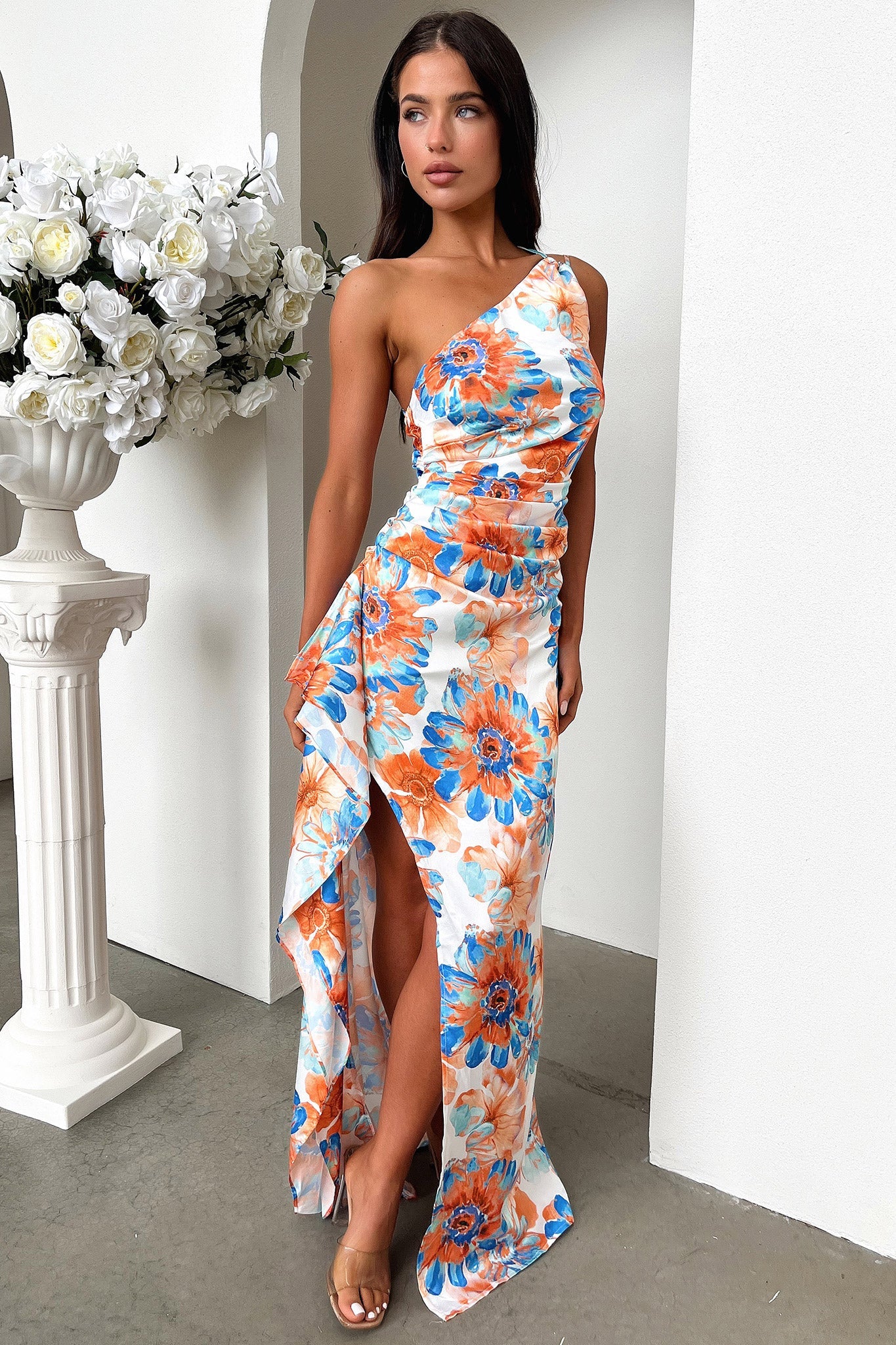 Elianna One Shoulder Satin Maxi Dress - Floral Azul