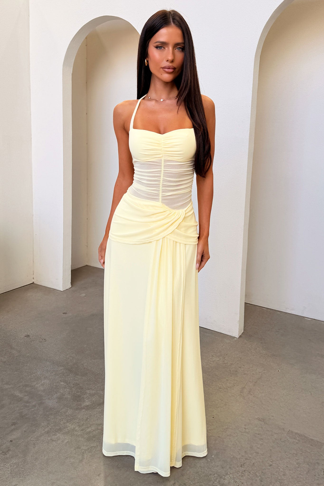 Gabrielle Halterneck Mesh Maxi Dress - Amarillo