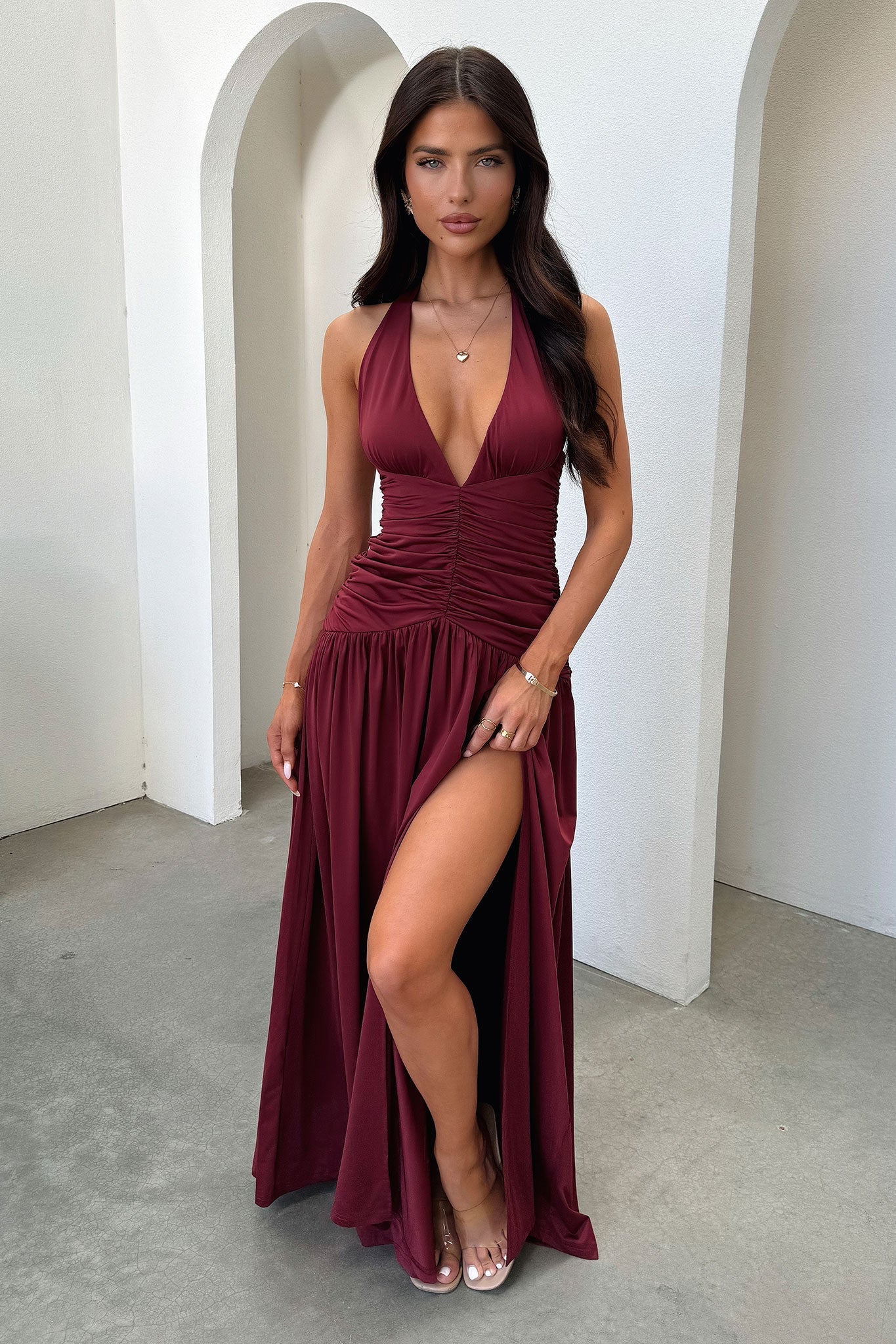 Ginevra Ruched Halter Maxi Dress - Burdeos