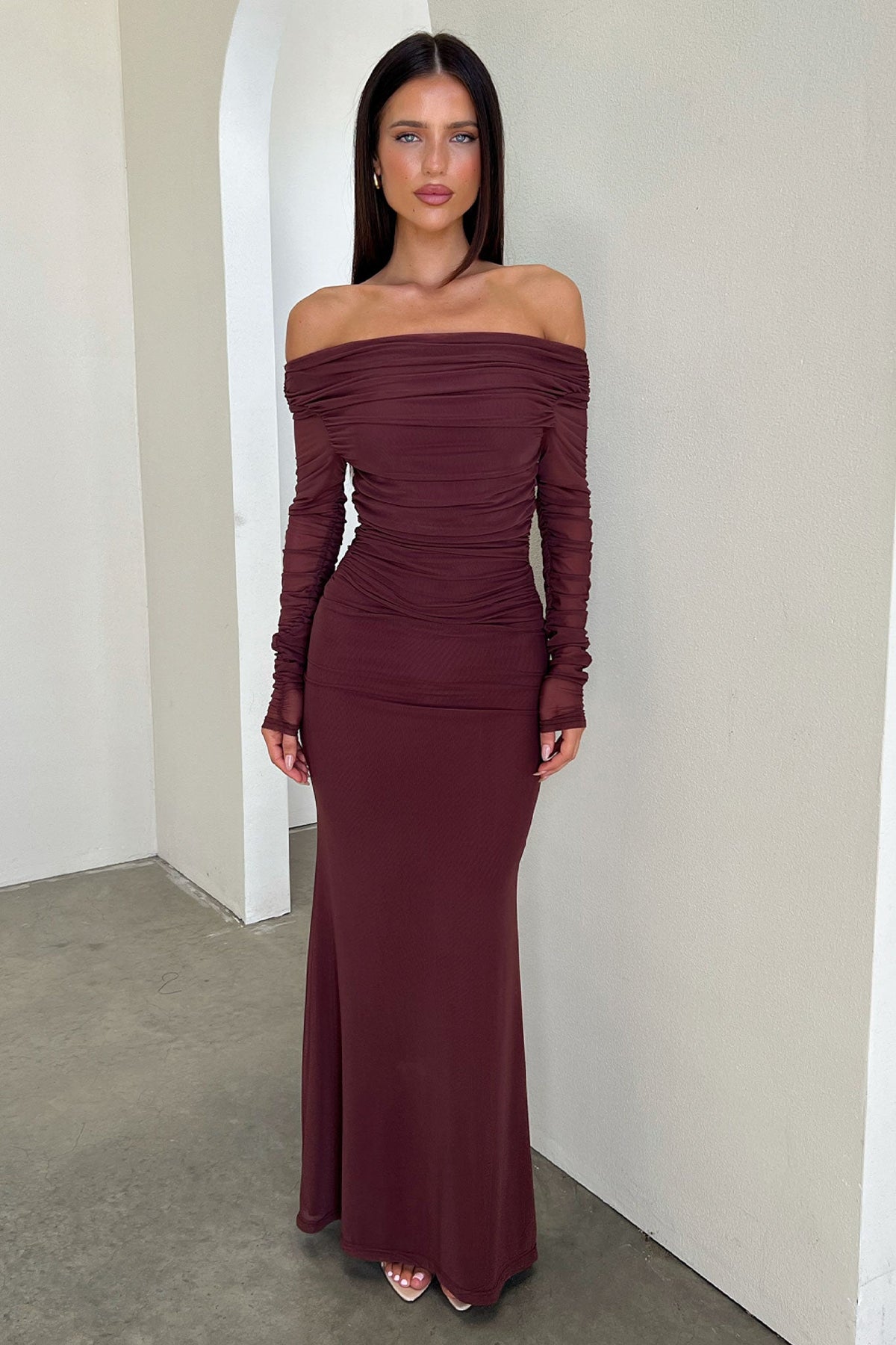 Rowan Long Sleeve Mesh Maxi Dress - Marrón