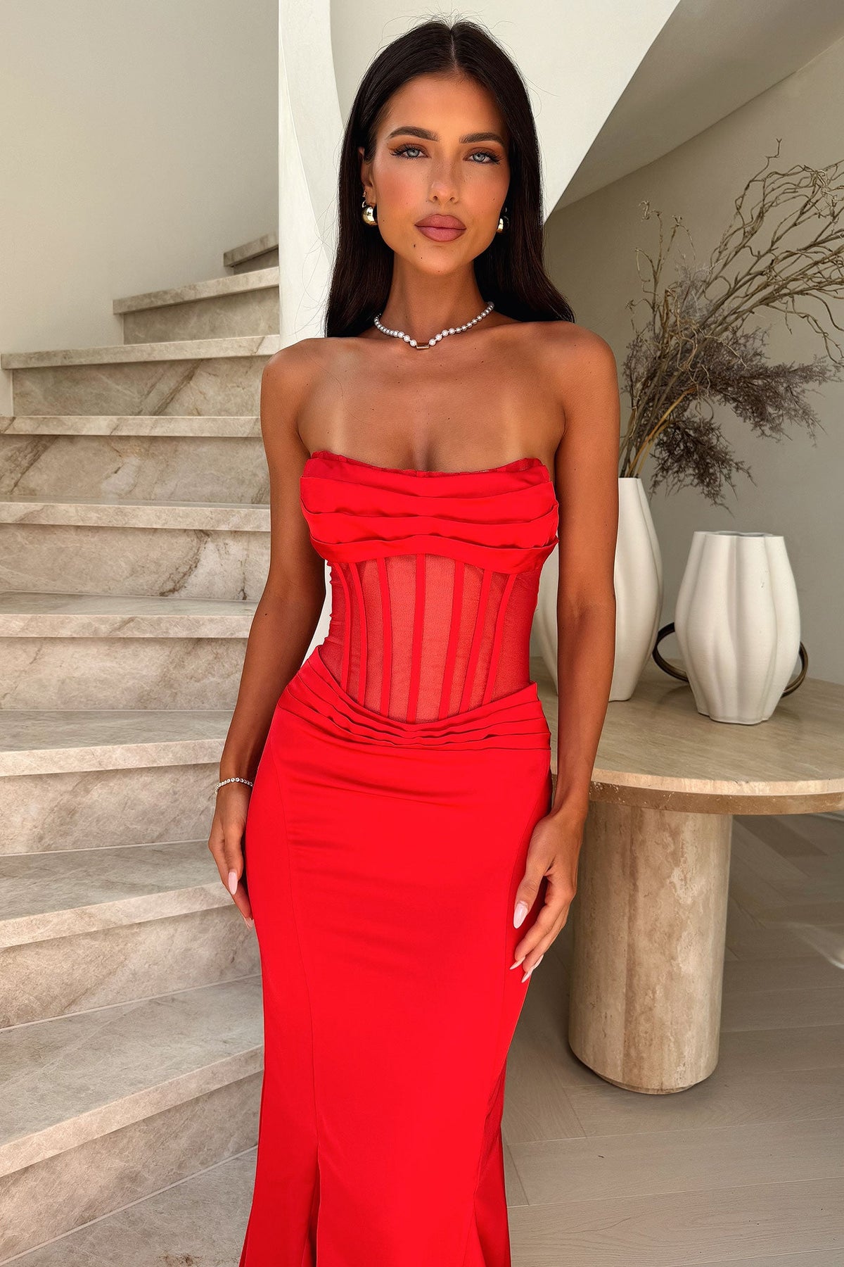 Aderyn Satin Corset Maxi Dress - Rojo