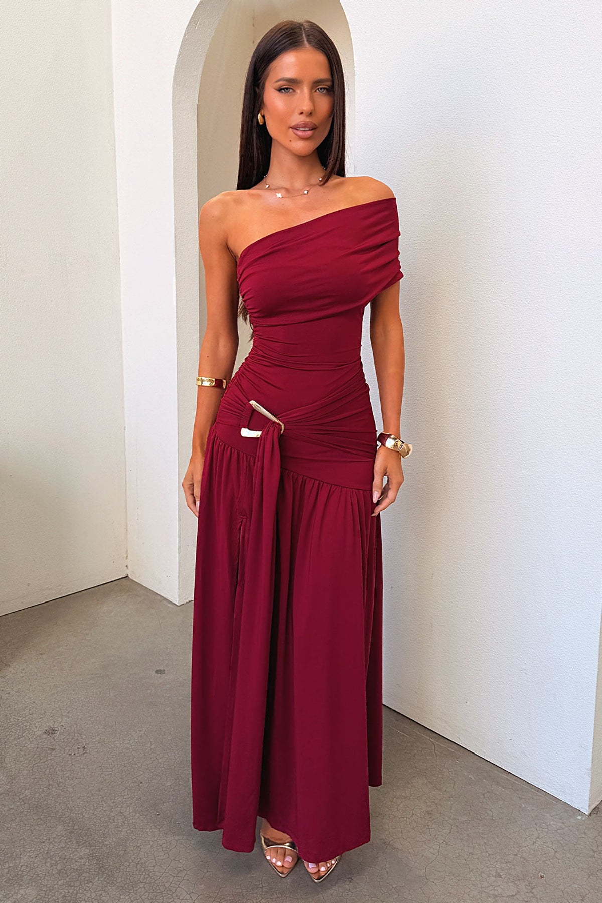 Aveline Strapless Wrap Maxi Dress - Burdeos