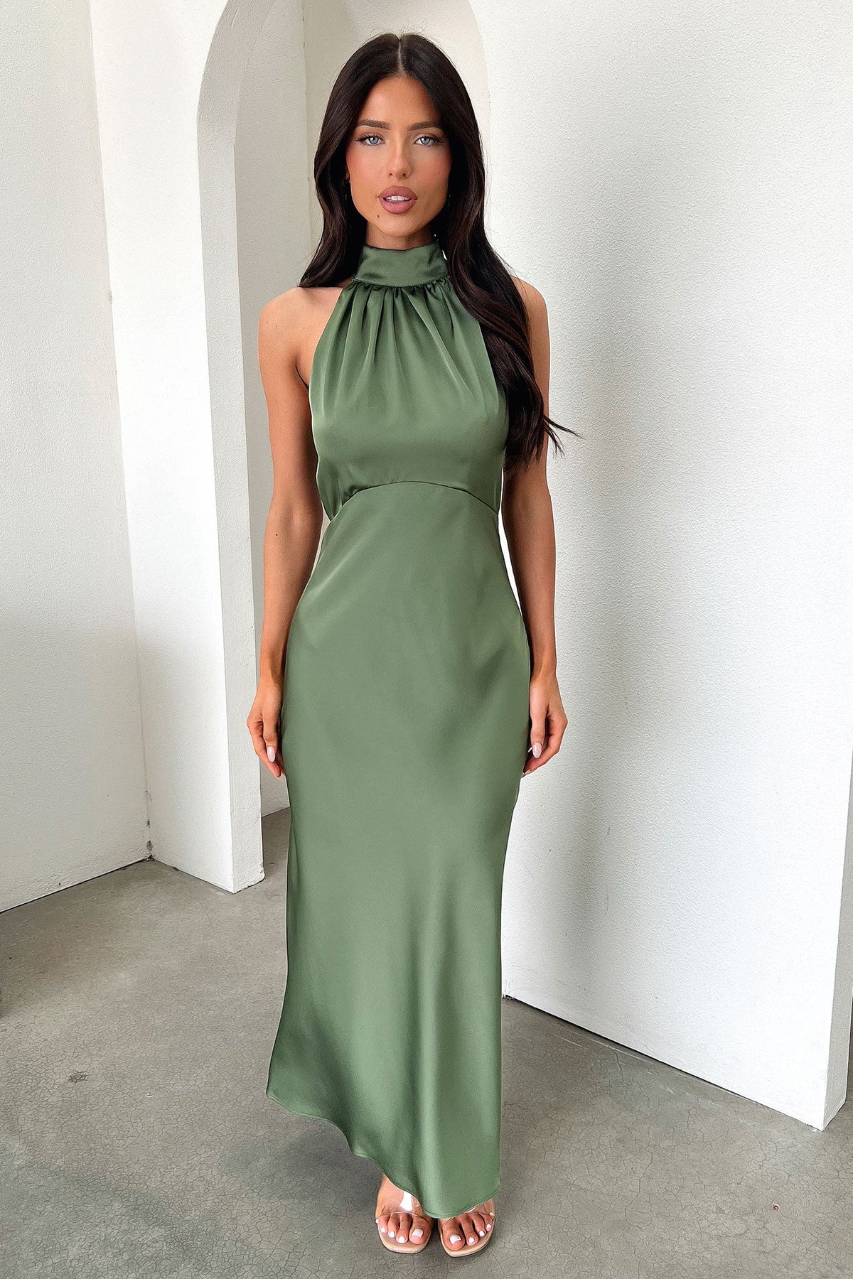 Daphne High Neck Maxi Dress - Verde Oliva