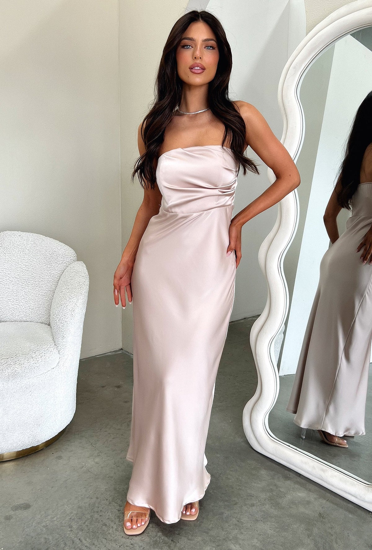 Elio Strapless Satin Maxi Dress - Champán