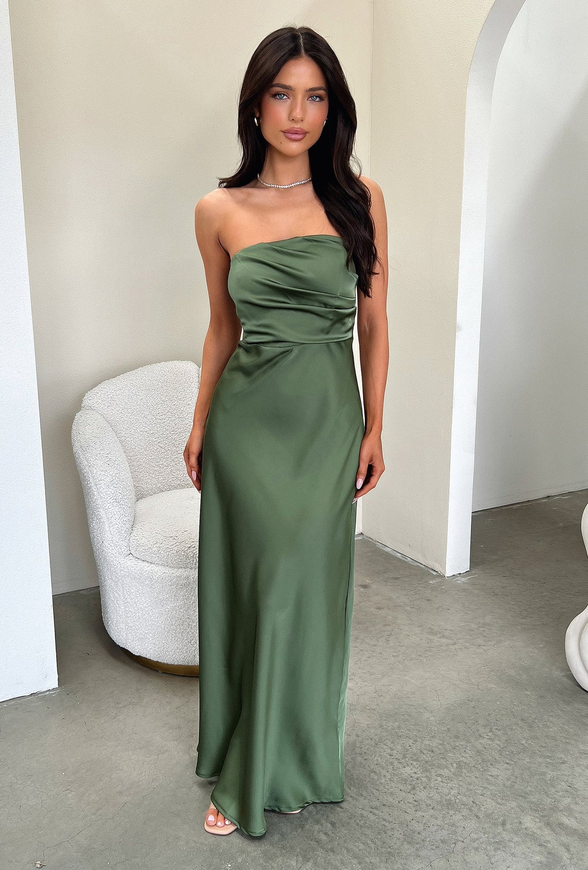 Elio Strapless Satin Maxi Dress - Verde Oliva