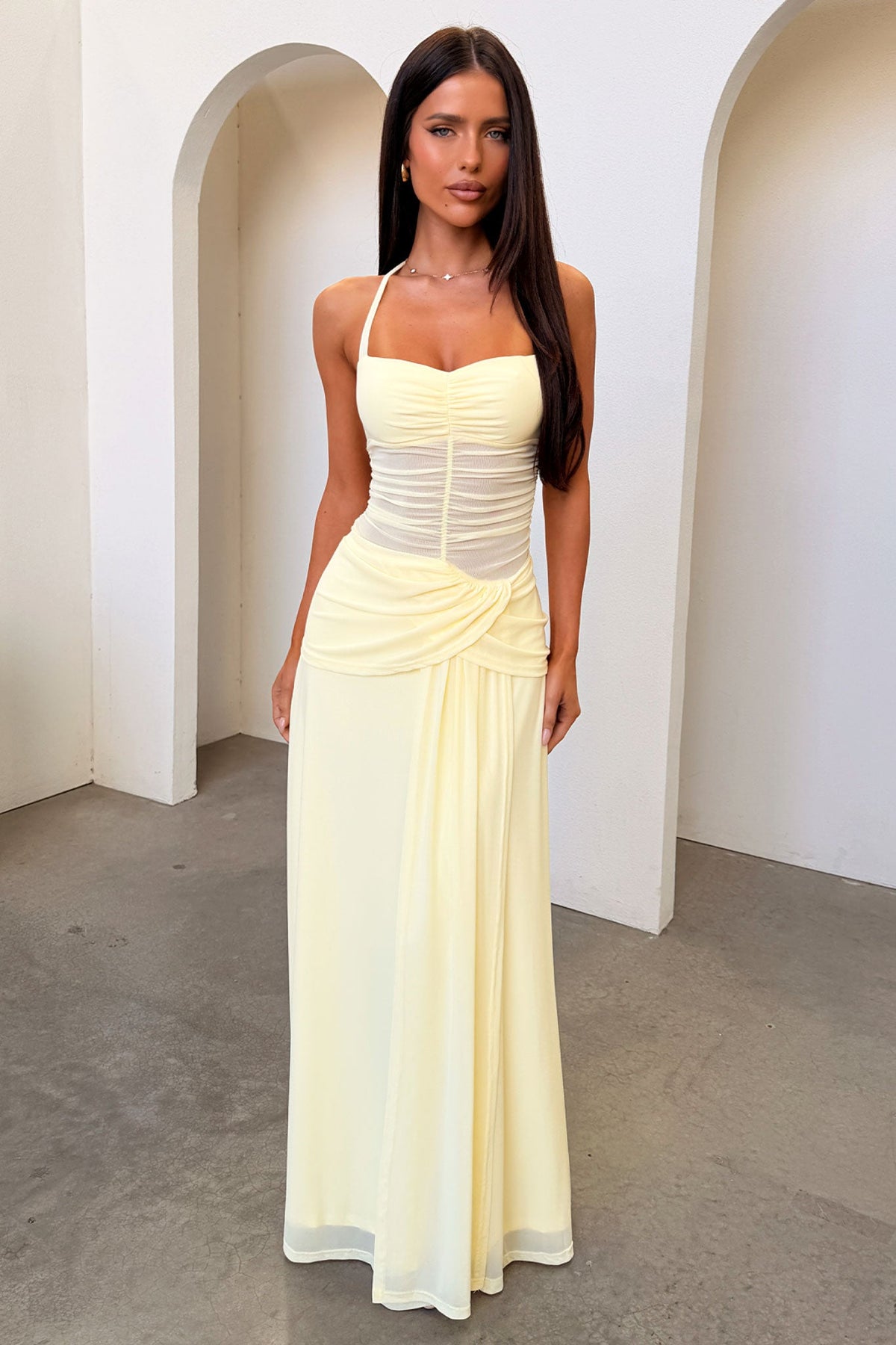 Gabrielle Halterneck Mesh Maxi Dress - Amarillo