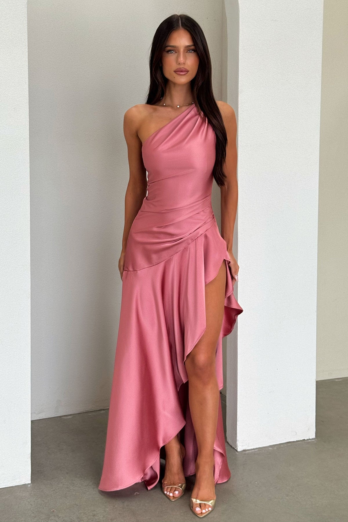 Leni One Shoulder Satin Maxi Dress - Rosa Palo