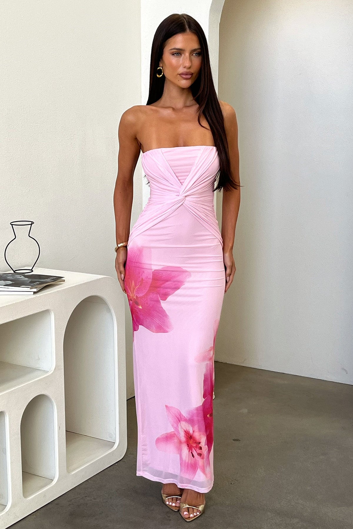 Lennen Strapless Mesh Maxi Dress - Rosa